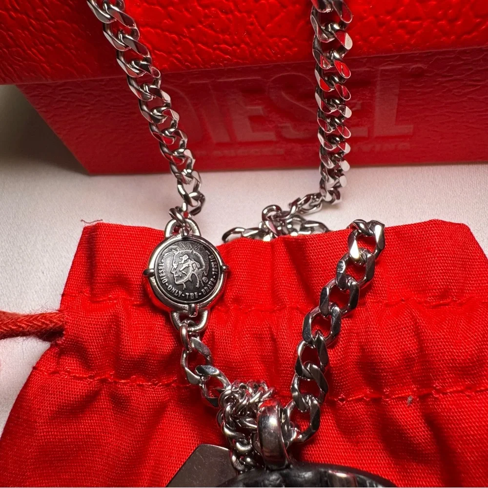 Diesel Double Dog Tag Stainless Steel Silver Leather Necklace DX1040040